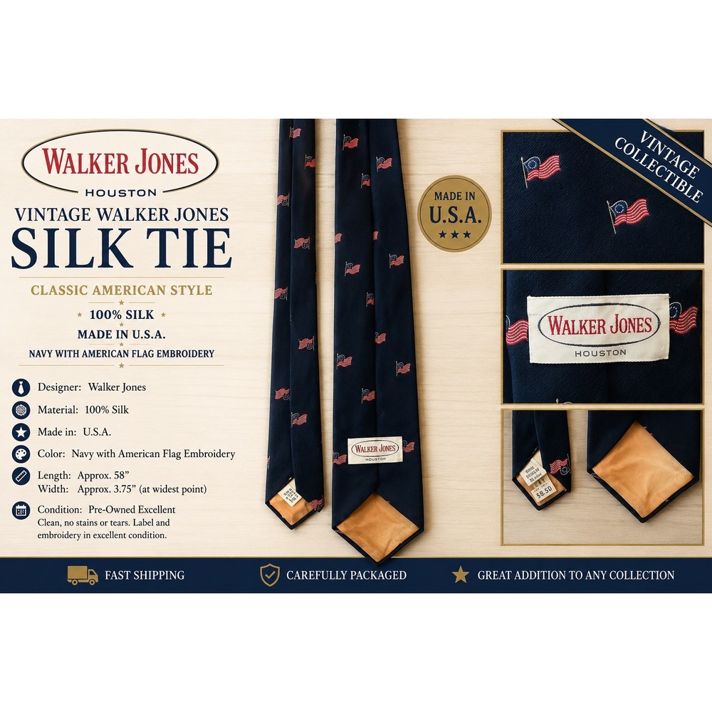 Vintage Walker Jones Houston Navy Silk Tie‎ American Flag Betsy Ross USA Made
